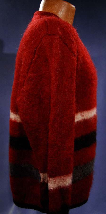 Men's retro classic burgundy-red mohair cardigan with white, black, and gray horizontal stripes by Puritan