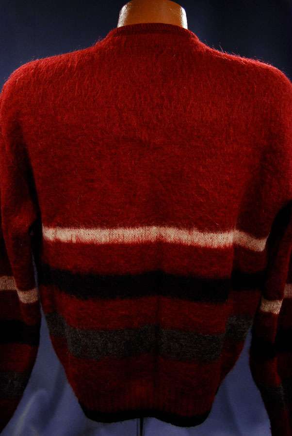 Men's retro classic burgundy-red mohair cardigan with white, black, and gray horizontal stripes by Puritan