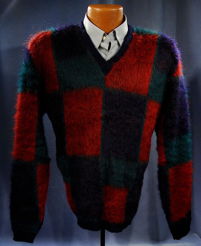 Retro classic original mohair V-neck sweater with blue, red, and green block pattern by Munsingwear