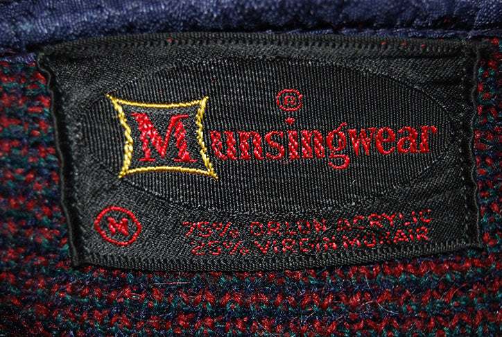 Munsingwear label on retro classic mohair block-pattern V-neck sweater in blue, red, and green squares, size medium