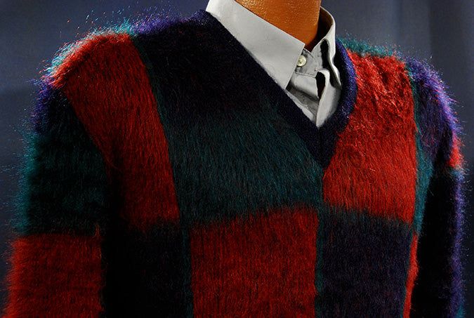 Retro classic original mohair V-neck sweater with blue, red, and green block pattern by Munsingwear