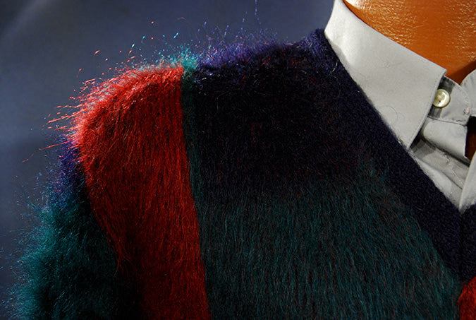 Retro classic original mohair V-neck pullover with blue, red, and green block pattern by Munsingwear, medium size
