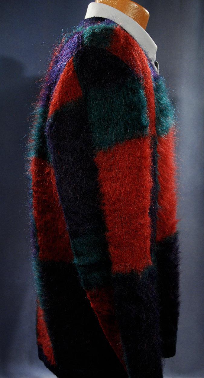 Retro classic original mohair V-neck sweater with blue, red, and green block pattern by Munsingwear