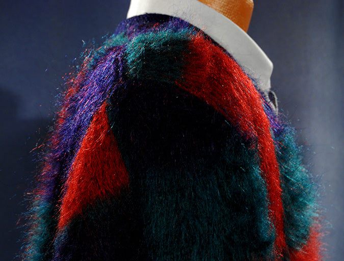 Retro classic original mohair V-neck sweater with blue, red, and green block pattern by Munsingwear