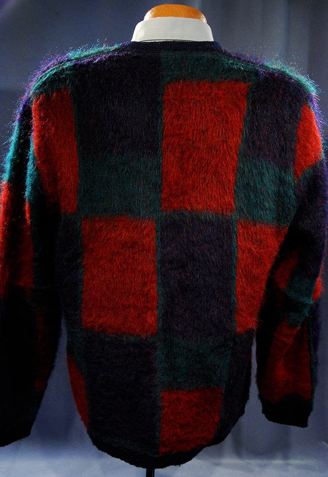 Retro classic original mohair V-neck sweater with blue, red, and green block pattern by Munsingwear