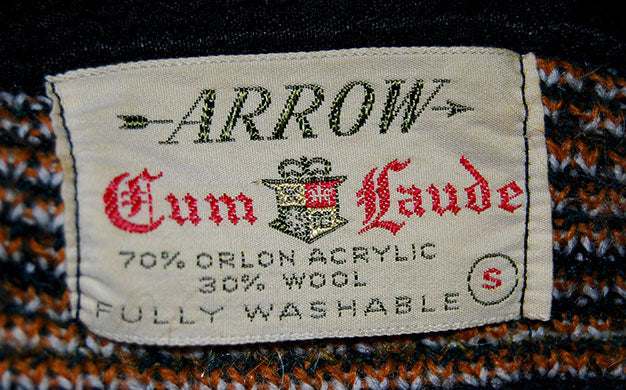 Close-up of vintage mohair sweater label showing Arrow Cum Laude brand, fabric composition, and size S