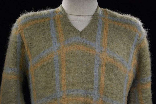 Retro classic original mohair V-neck sweater in pea green, light blue, and golden yellow plaid by Macrae.