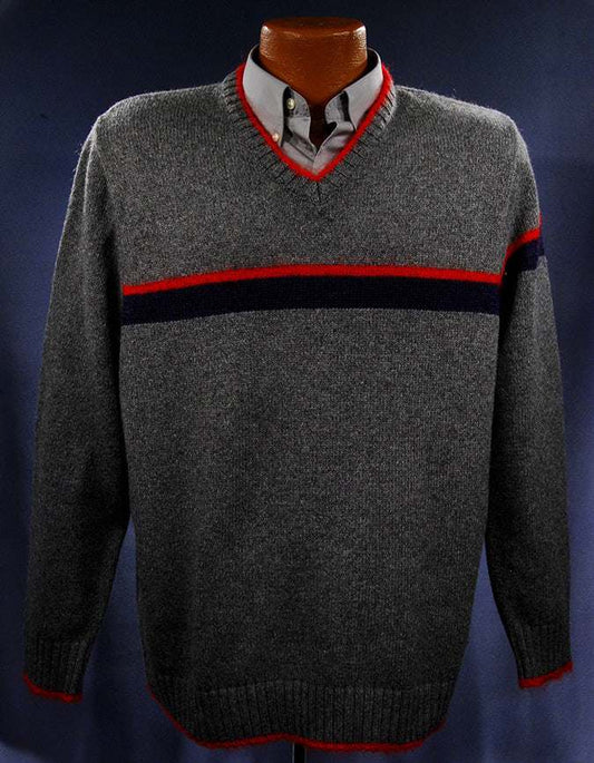 Men's Moschino Jeans grey V-neck sweater with red mohair trim and red navy stripes