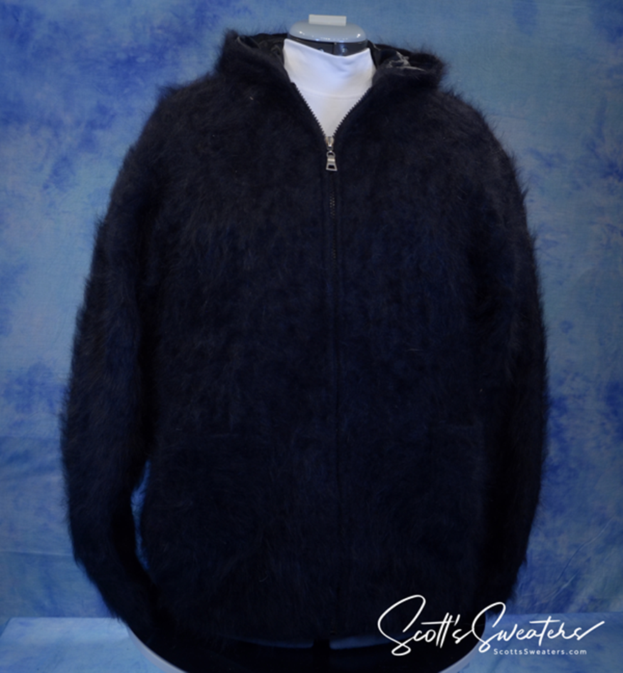 Schwarze, ultraweiche Angora-Strickjacke mit Reißverschluss vorne und Kapuze