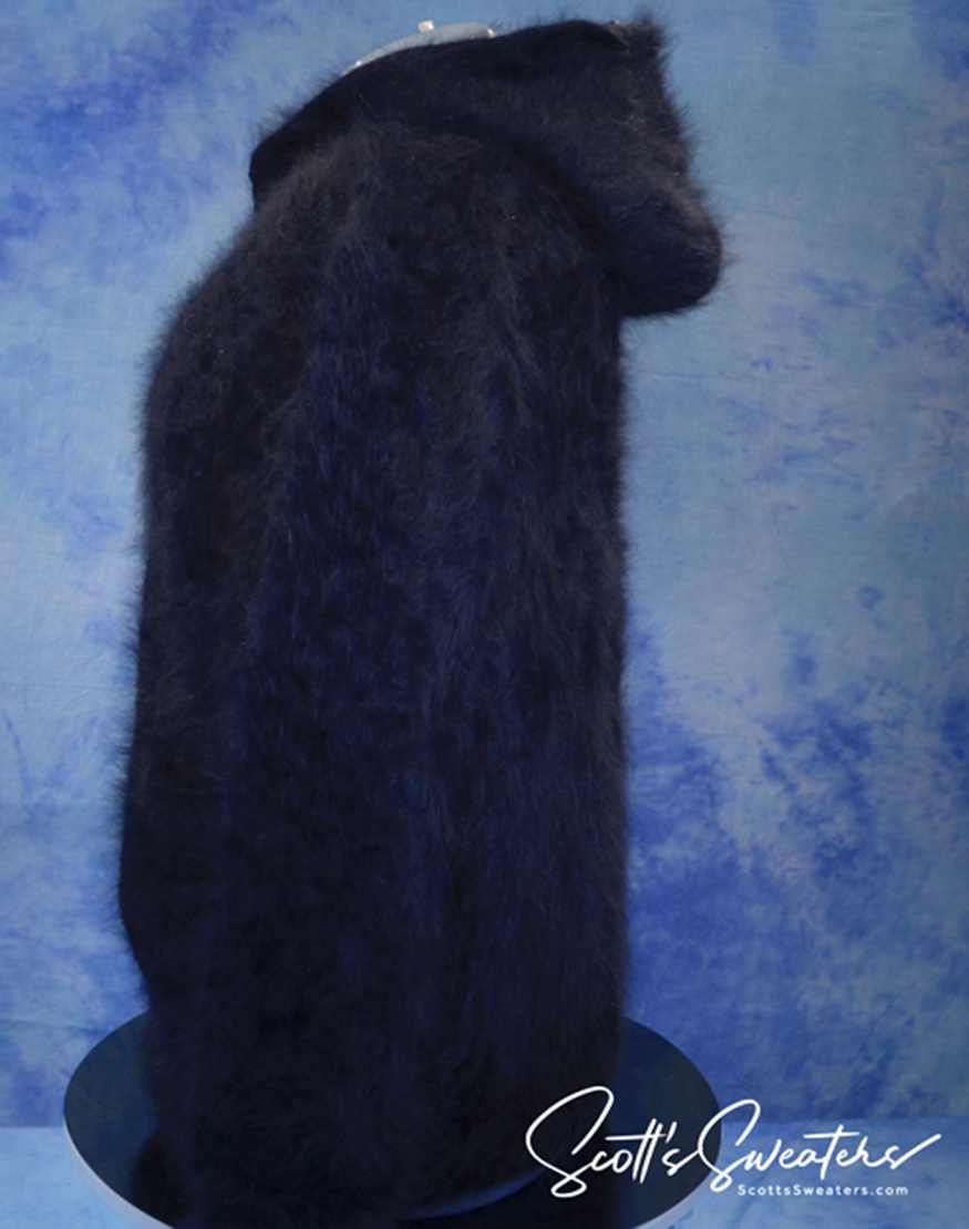 Schwarze, ultraweiche Angora-Strickjacke mit Reißverschluss vorne und Kapuze