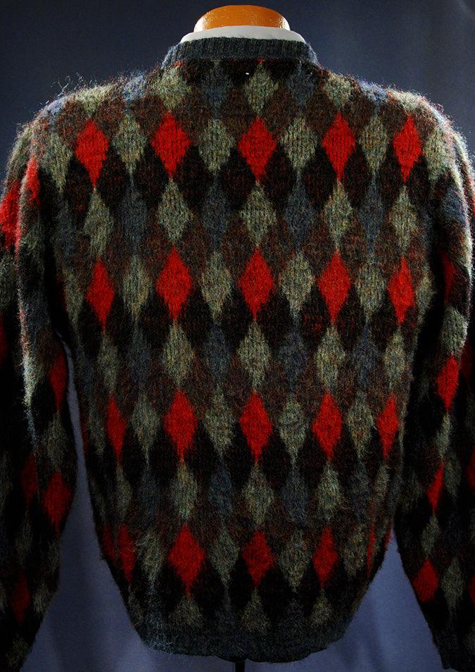 Blue argyle pattern retro crewneck mohair sweater in olive earth tones with red accents, size small-medium