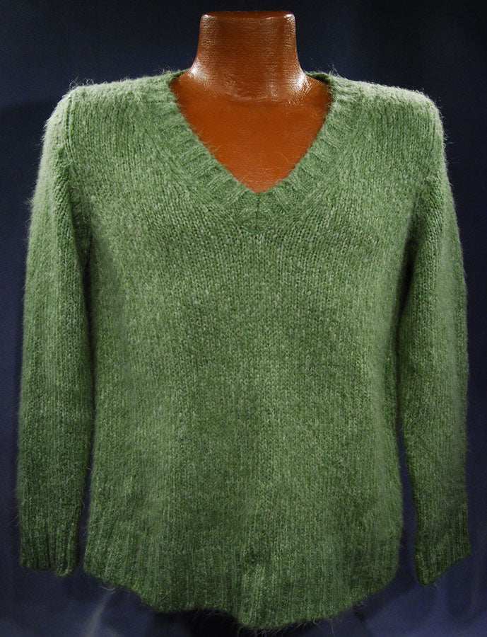 Woman's sage-green fuzzy V-neck pullover sweater by NEW YORK & Co. in small-medium size