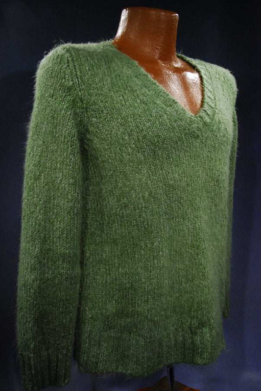 Woman's sage-green fuzzy V-neck sweater pullover in small-medium size