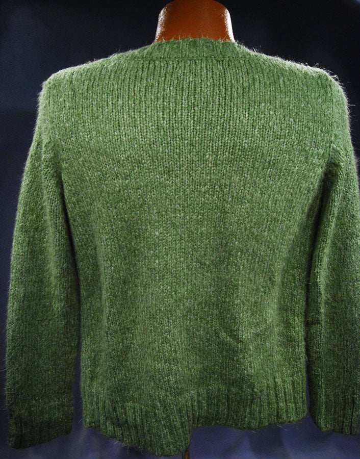Back view of woman's sage-green fuzzy V-neck sweater by NEW YORK & Co. in small-medium size