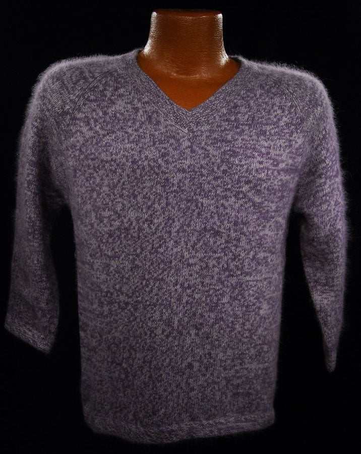 Woman's purple and white angora blend V-neck sweater by White Stag in medium size