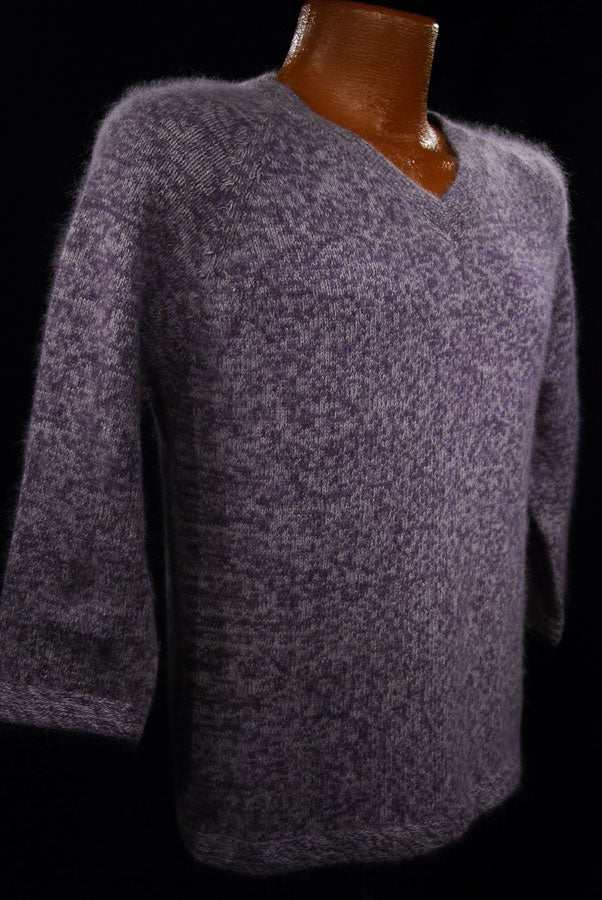 Woman's purple and white angora blend V-neck sweater by White Stag, medium size