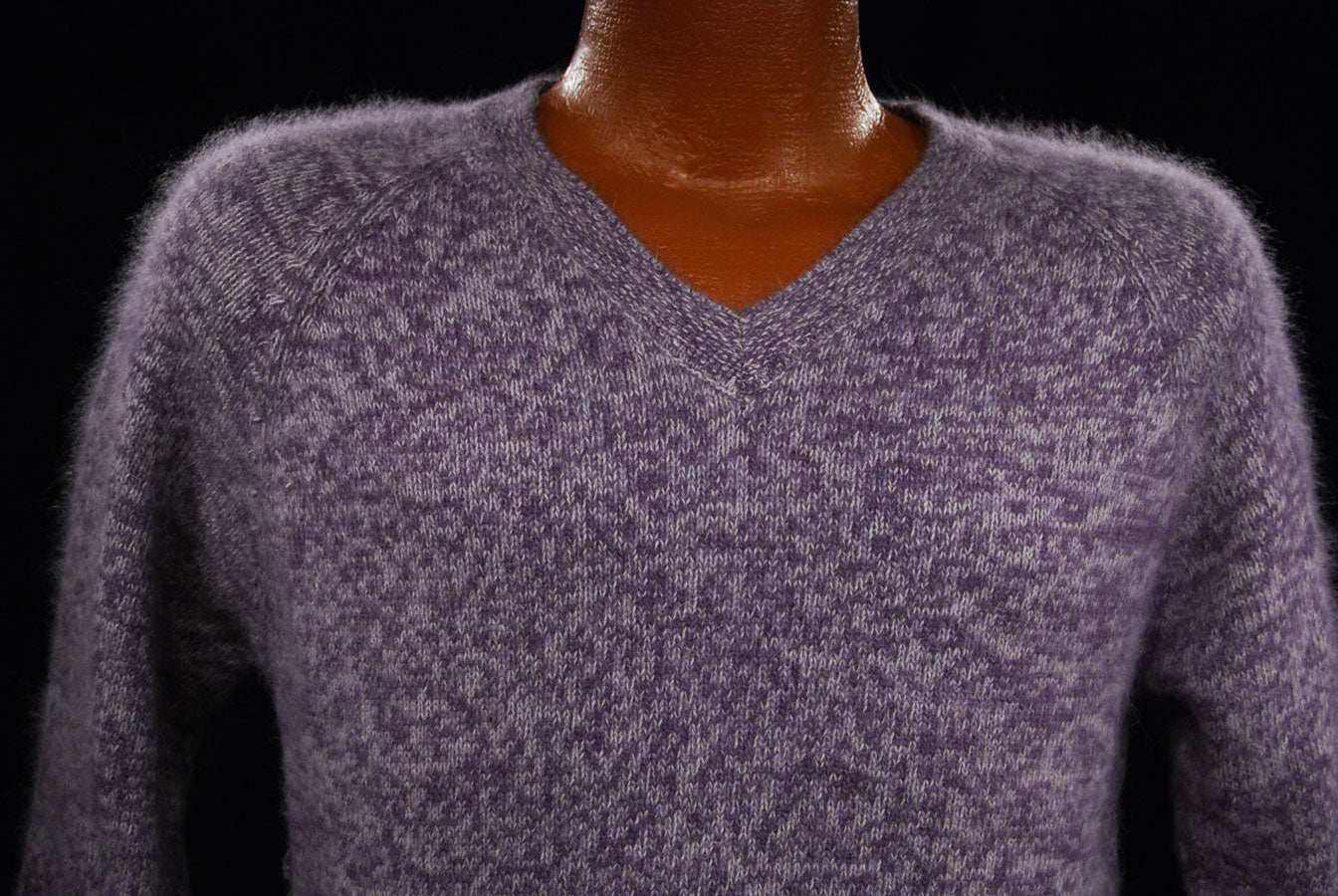 Woman's purple and white angora blend V-neck sweater medium size by White Stag