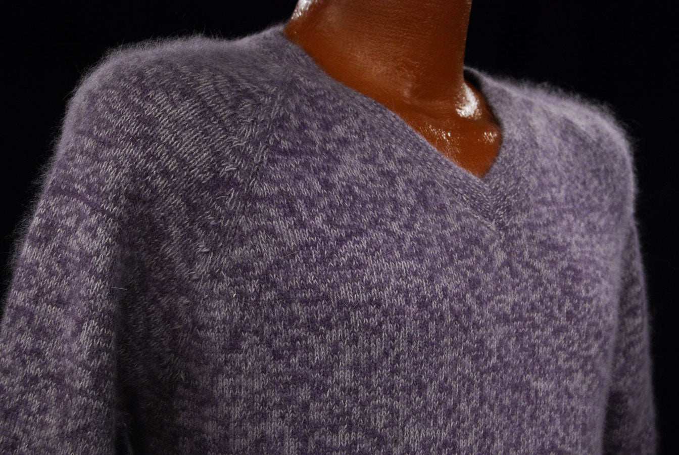 Woman's purple and white angora blend V-neck sweater by White Stag medium size