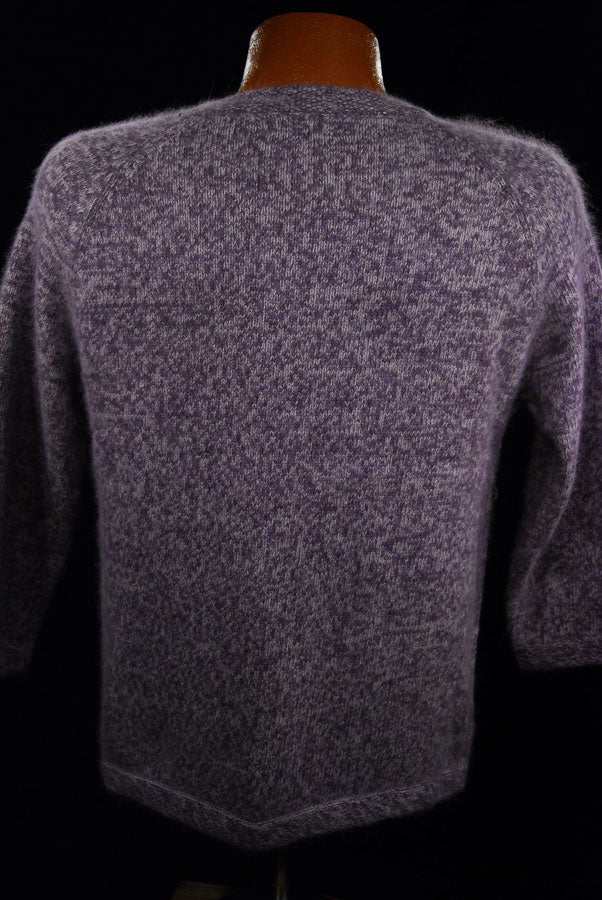 Back view of woman's medium purple and white angora blend V-neck pullover sweater by White Stag