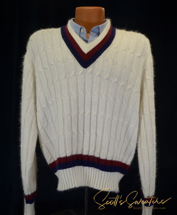 Men's classic V-neck cable-knit tennis sweater in white with navy and red stripes, retro 1960s style pullover by Campus.