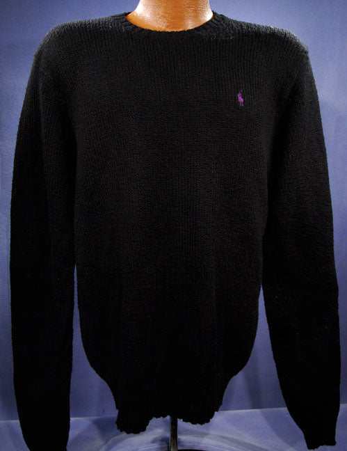 Men's black cotton crewneck pullover sweater by Polo Ralph Lauren with long sleeves and purple logo embroidery