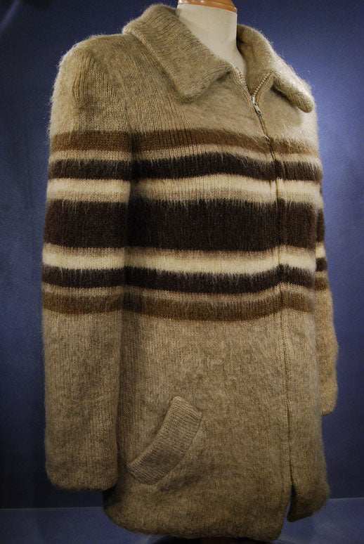 Rare brown woman's Icelandic wool coat with horizontal three-tone stripes and nylon lining by Hilda Ltd.