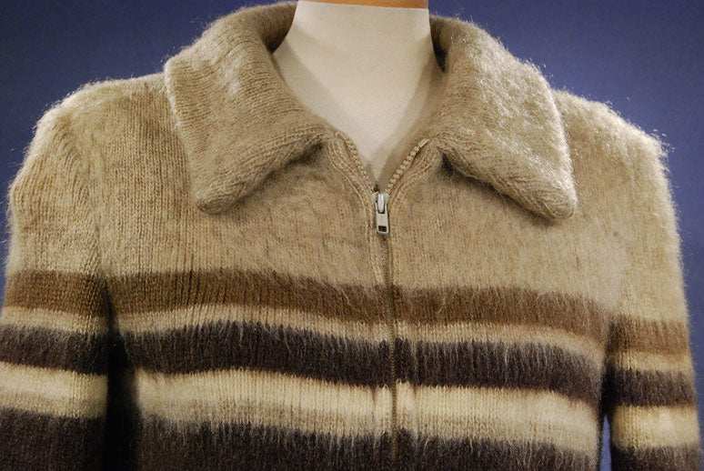 Woman's Icelandic wool coat with horizontal brown and beige stripes and zipper by Hilda Ltd