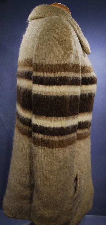Side view of rare brown woman's Icelandic wool coat with horizontal three-tone stripes and nylon lining by Hilda Ltd.
