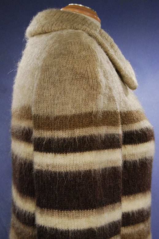 Rare brown three-tone striped woman's Icelandic wool coat by Hilda Ltd with nylon lining, size small.