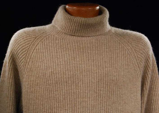 Tan angora ribbed turtleneck sweater for women made of lambswool medium size