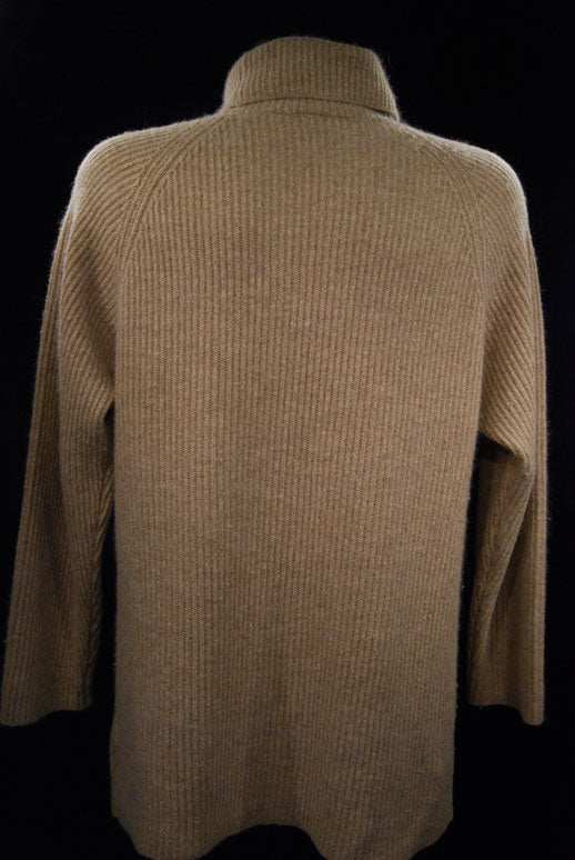 Woman's tan angora ribbed turtleneck sweater medium size back view