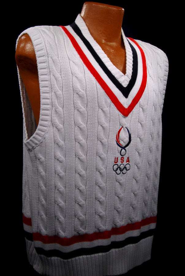 Men's USA Olympics sleeveless cable-knit tennis sweater vest by Polo Ralph Lauren in white with red and navy stripes and embroidered Olympic logo