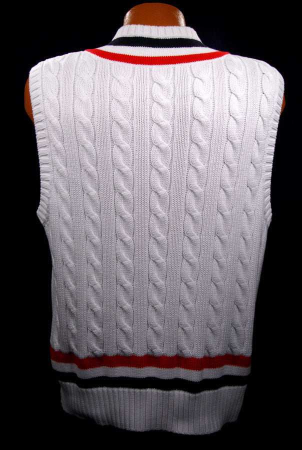 Men's white cable-knit sleeveless tennis sweater vest with red and black stripes by Polo Ralph Lauren, USA Olympics design.