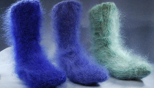 Hand-knit thick warm mohair socks in navy blue and green colors