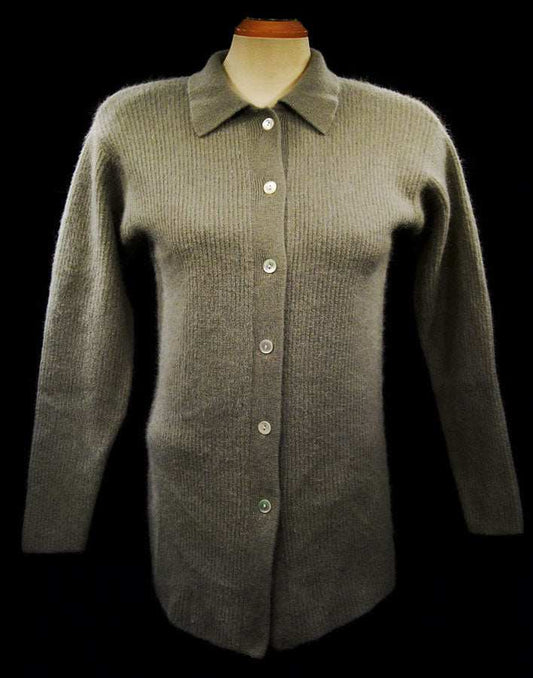 Woman's olive-green angora cardigan sweater-shirt with lapels and button-front closure, size 38.