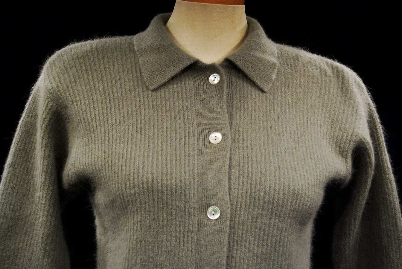 Olive-green angora cardigan sweater with lapels and button front for women
