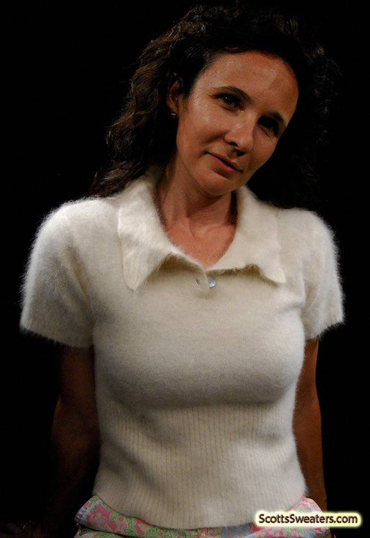 Woman's short-sleeve polo-neck angora sweater by Express with cling-fit design and soft texture