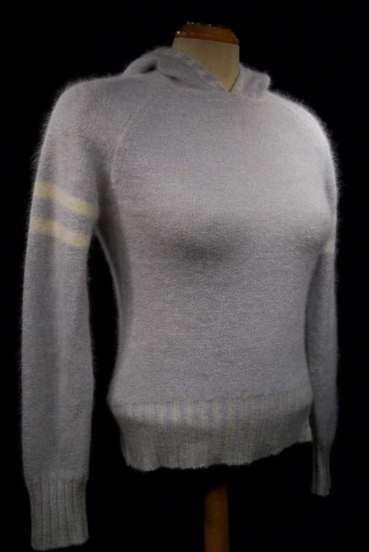 Girl's powder-blue angora sport jacket hoodie with hood and striped sleeves by Bebe Sports