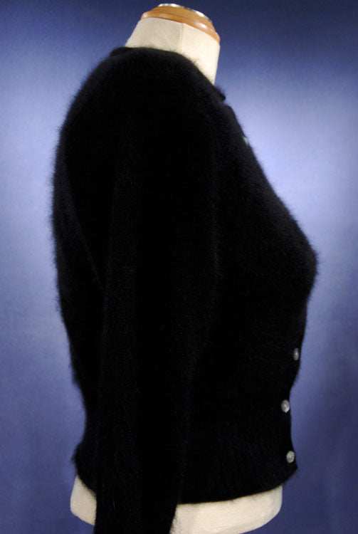Woman's black angora cardigan sweater by Express Tricot, size X-Small, button-front, round-neck