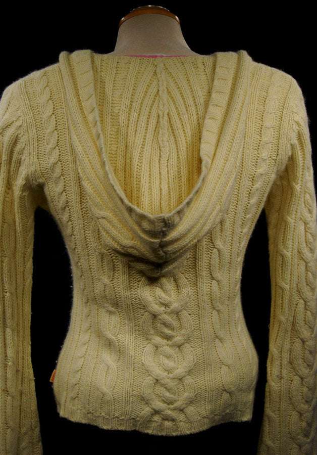 Girl's yellow cotton angora V-neck sweater with cable knit and hood by Aeropostale