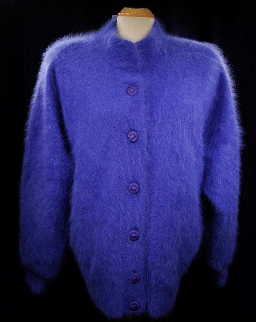 Woman's powder-blue angora cardigan sweater by Venesha, large size, nylon lined, fuzzy texture