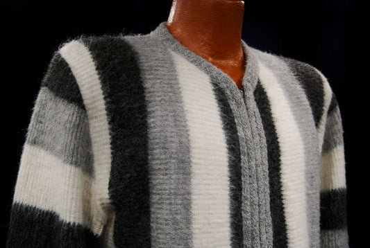 Men's retro zipper-front black grey white faux-mohair cardigan sweater by Brent Montgomery Ward small size