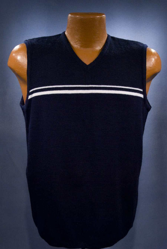 Men's retro blue sweater-vest with grey and white stripes by Bugle Boy, size small 40-42