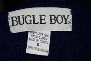 Men's retro navy-blue sleeveless sweater-vest with grey and white stripes by Bugle Boy, size small 40-42