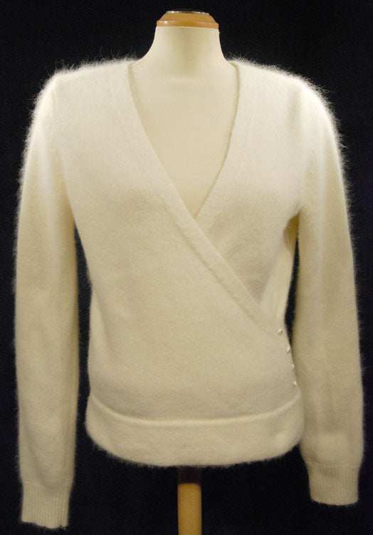 Woman's pink angora-lambswool crossover wrap cardigan sweater with side buttons