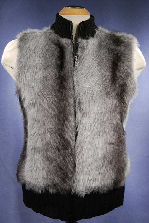Girl's/Woman's grey and black faux-fur sleeveless vest with front zipper and rib-knit trim