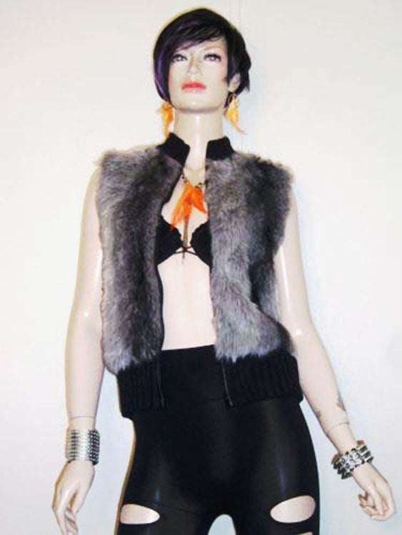 Girl's/Woman's grey and black faux-fur sleeveless vest with zipper front and rib-knit trim