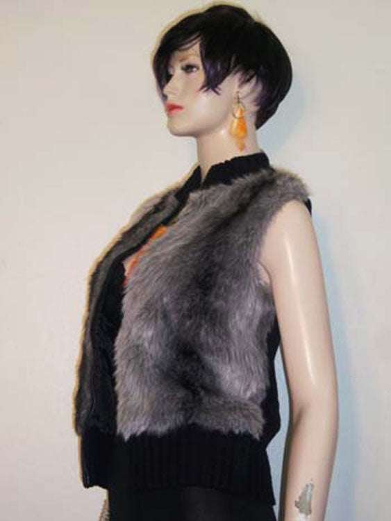 Girl's/Woman's grey and black faux-fur sleeveless vest with rib-knit trim and zipper front, size small