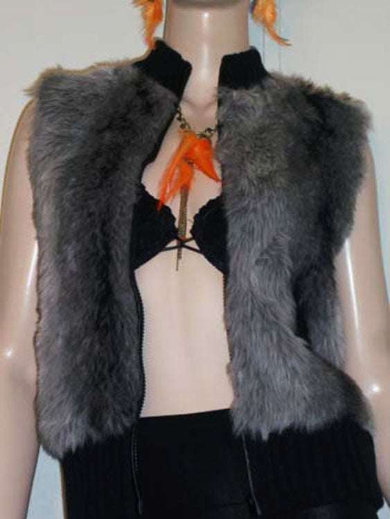 Girl's/Woman's grey and black faux-fur sleeveless vest with zipper front and rib-knit trim