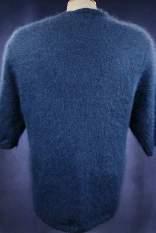 Woman's blue-grey short-sleeved angora sweater by Caslon, medium size, roundneck pullover